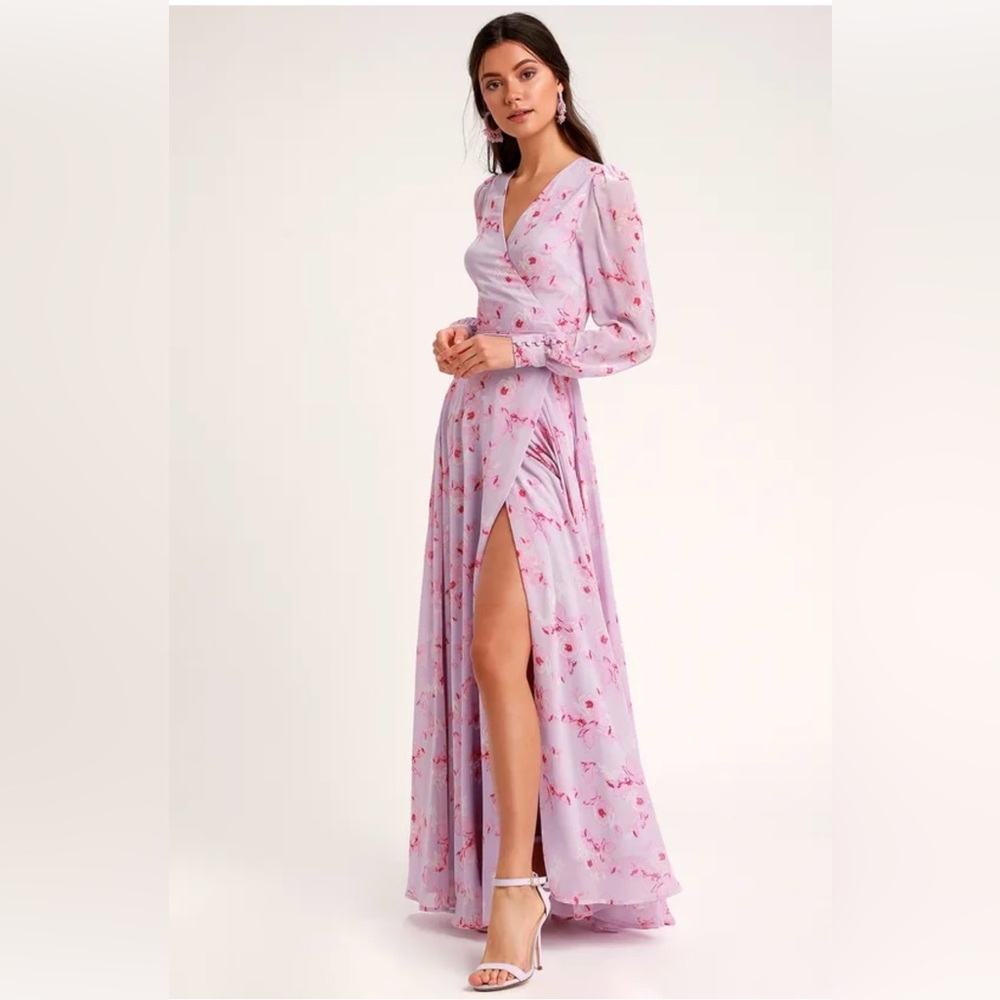 Lulus My Whole Heart Lavender Floral Print Long Sleeve Wrap Dress